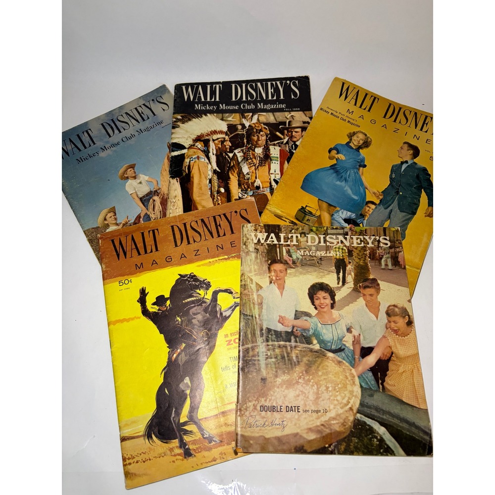 Lot of 5 Vintage Walt Disney's Magazine Mickey Mouse Club Retro Zorro 1950s